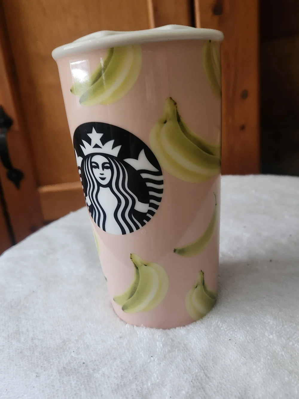 Starbucks 2015 Pink Banana Themed Ceramic Tumbler- 12oz Travel Mug w/ Lid